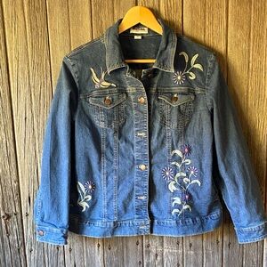 Coldwater Creek Blue Denim Jacket with Floral Embroidery
